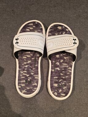 Under Armour White Slide Sandals with Purple Patterned Footbed